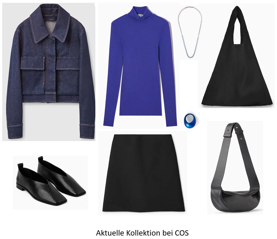 Damenmode, COS Kollektion: Denim-Jacke, blauer Rollkragenpullover, schwarzer Minirock, Accessoires.